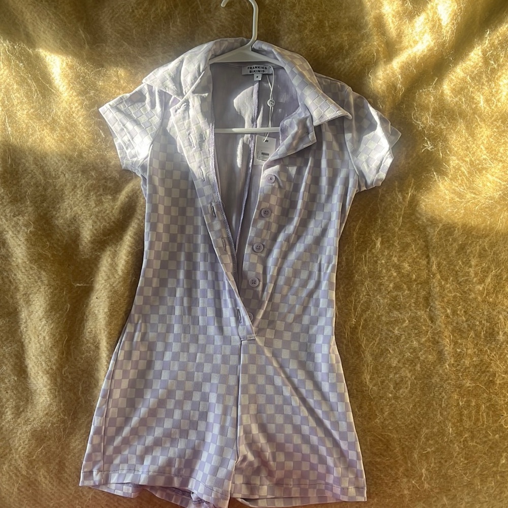 NWT Frankie’s Bikinis rose romper purple checkered small